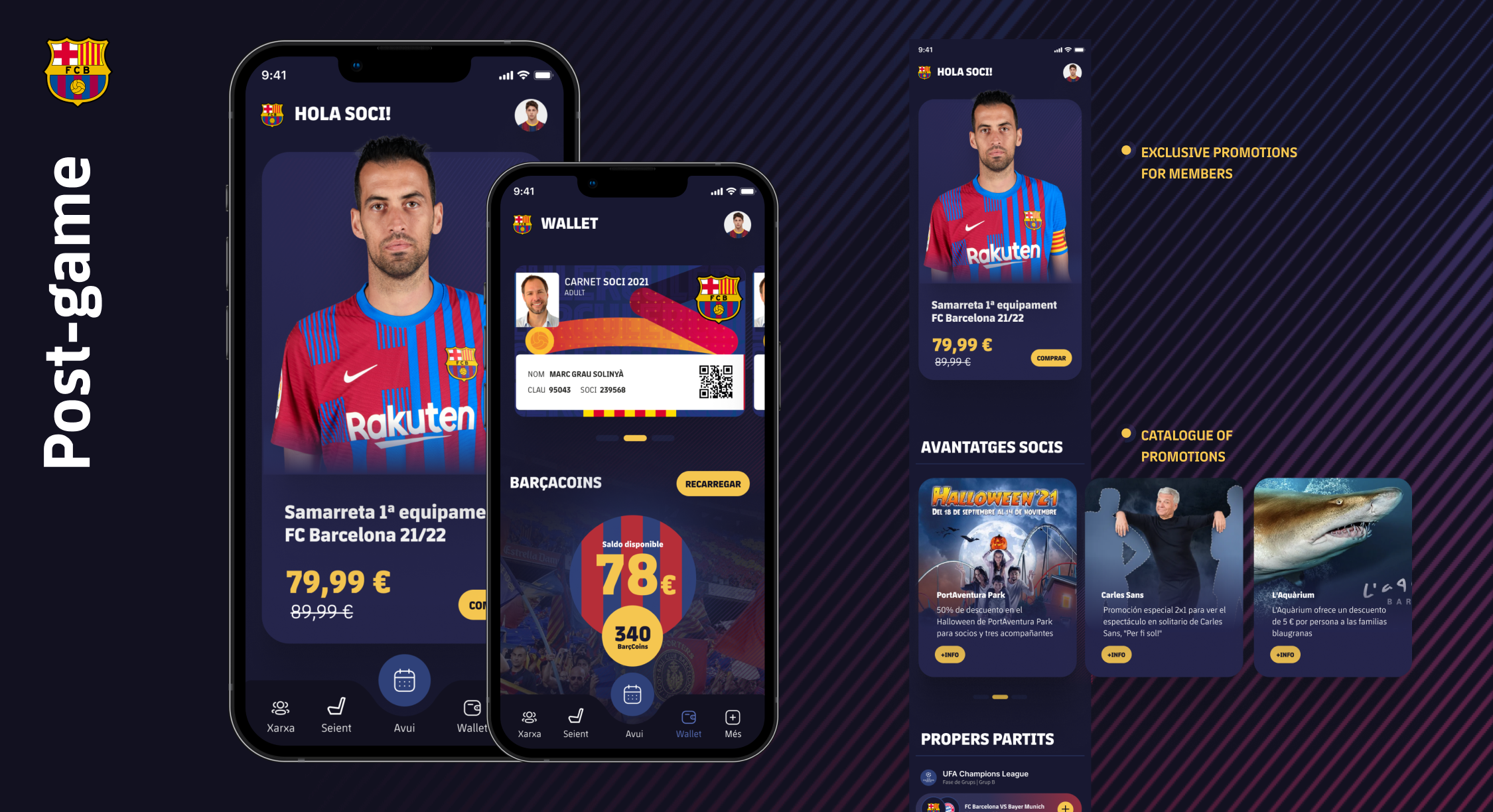 Post-game concept screens for wallet, promotions, and member benefits