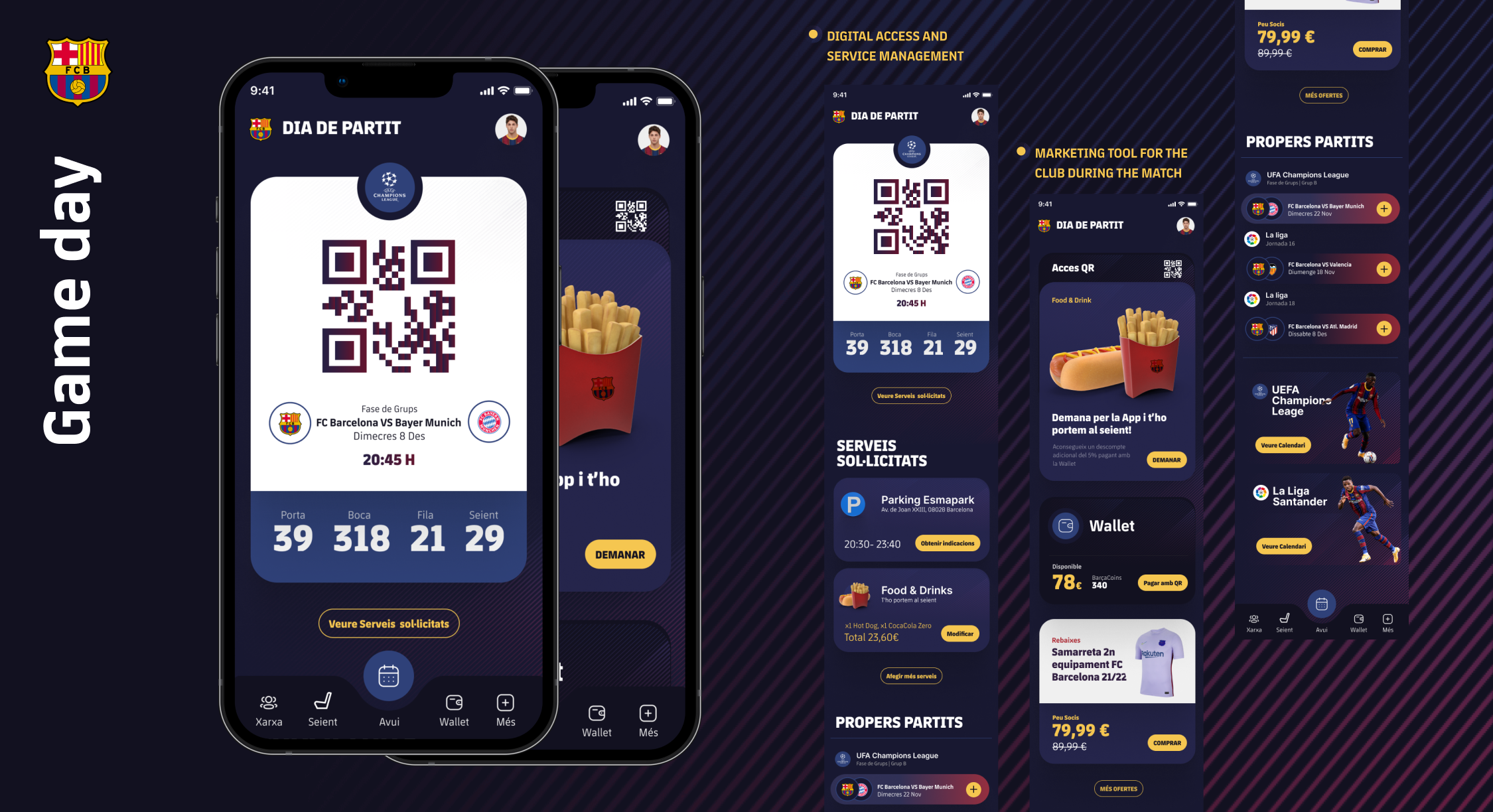 Game day concept screens for digital access and in-stadium services