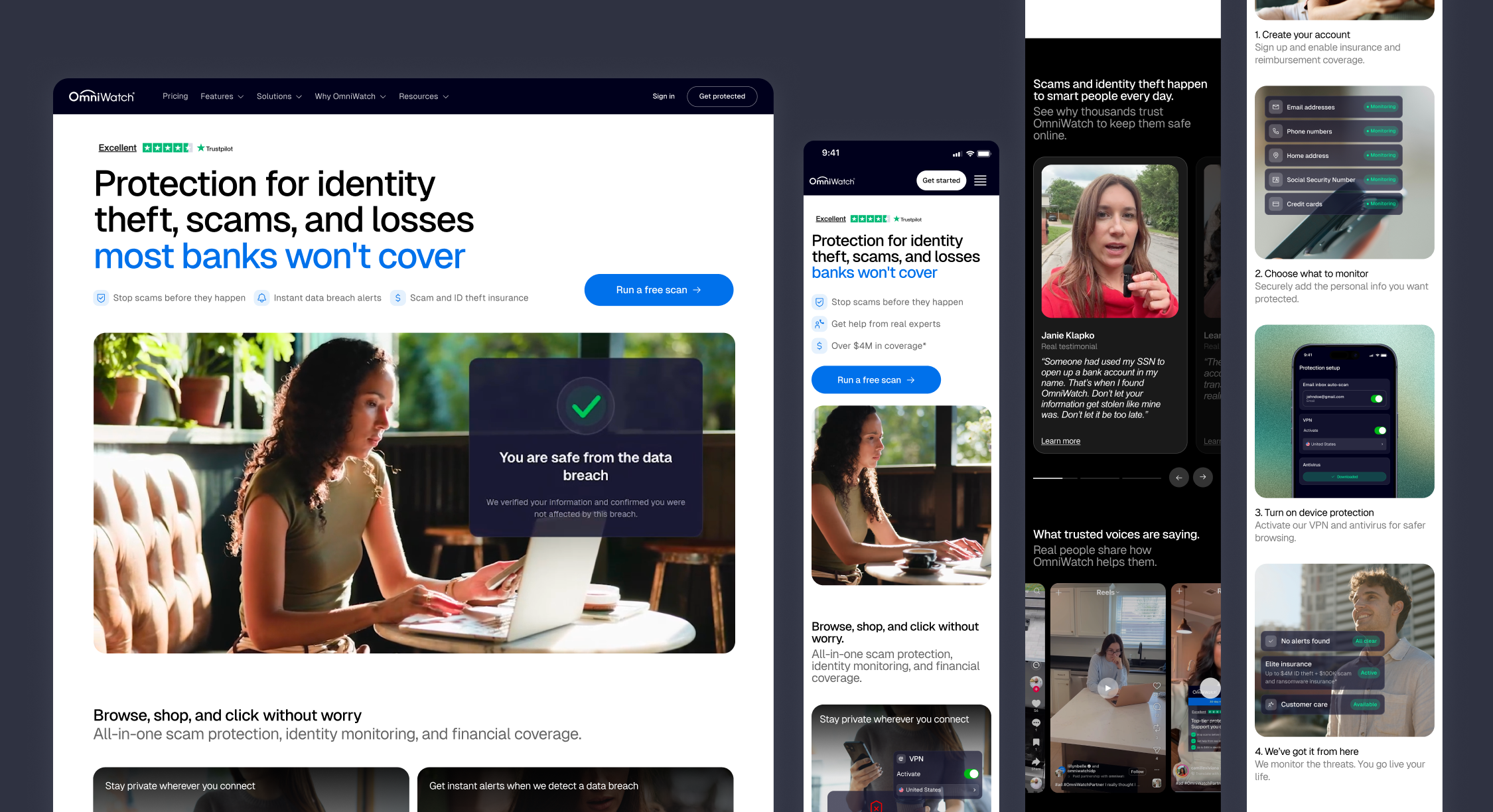 OmniWatch website landing page, mobile layout, and how-it-works steps