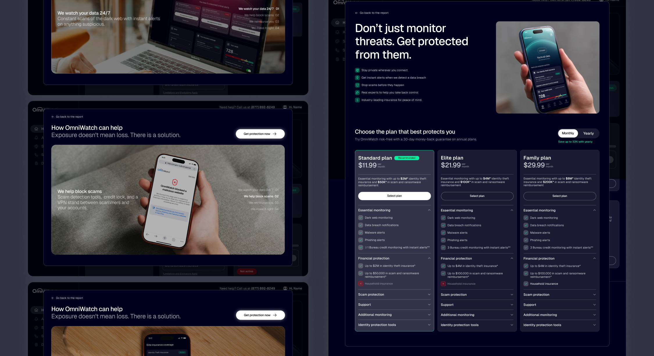 OmniWatch product screens explaining how protection works, next to monthly and yearly plan options