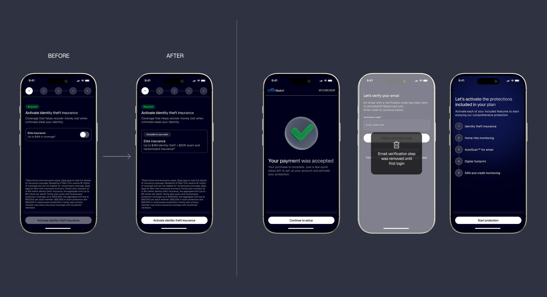 Before and after onboarding screens, including the removed email verification step