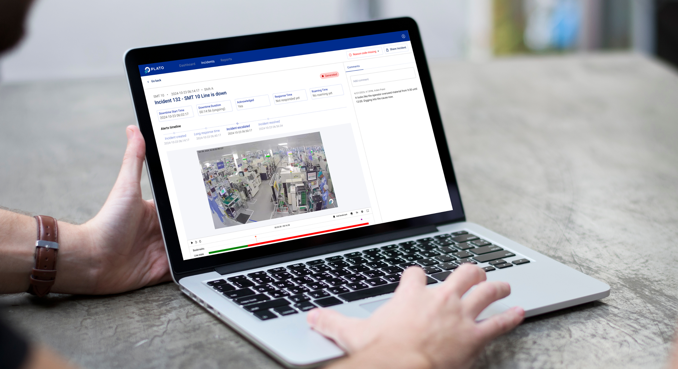 Laptop showing a Plato incident with factory video, metrics, and comments